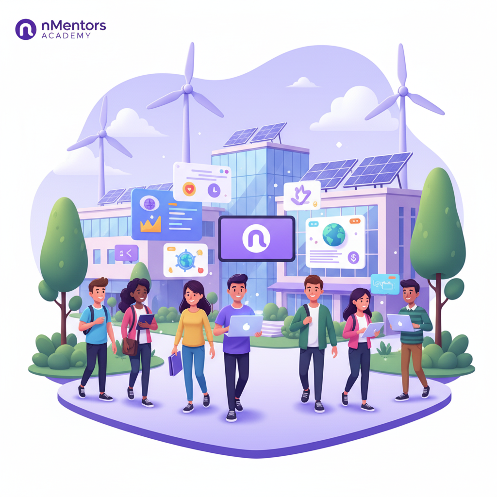 Ilustração lúdica de alunos e profissionais em ambiente sustentável e tecnológico, representando a nMentors Academy