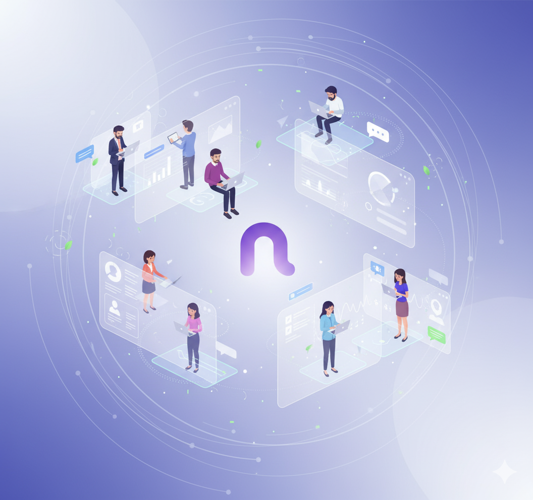 Alunos conectados pela IA e tecnologia, representando o aprendizado colaborativo da nMentors Academy